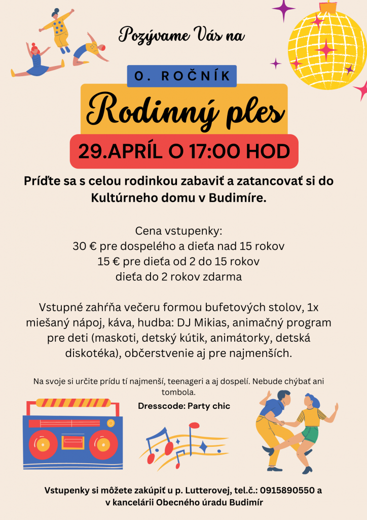 Srdečne Vás pozývame na rodinný ples! 29.4.2023 o 17:00 hod. v sále KD