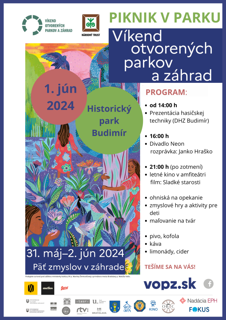 V rámci víkendu otvorených parkov a záhrad 31.05.-2.06.2024 sa uskutoční v historickom parku Budimír 1. júna 2024 piknik v parku. Srdečne Vás pozývame.