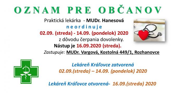 MUDr. Hanesová čerpá dovolenku.