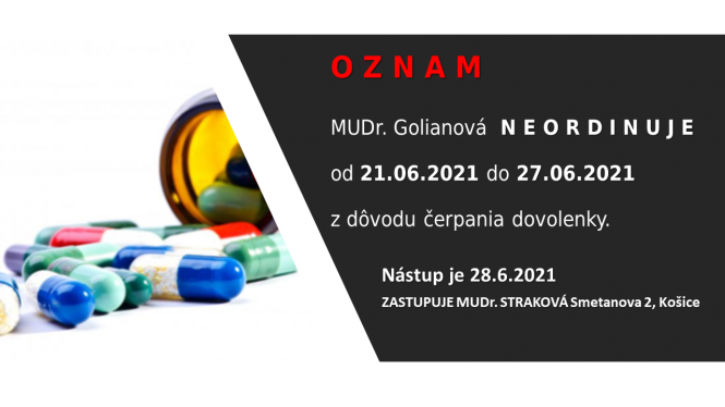 Golianová neordinuje od&nbsp;21.6.2021 do&nbsp;27.6.2021