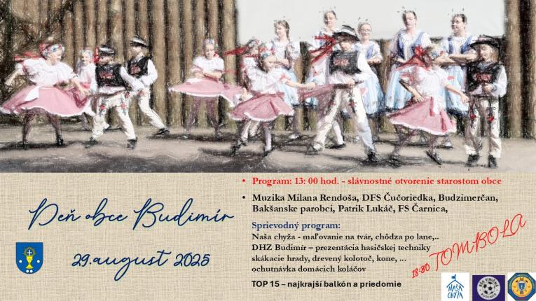 Srdečne Vás pozývame na Deň obce Budimír, ktorý sa uskutoční  29.augusta 2025 so začiatkom o 13-tej hodine.