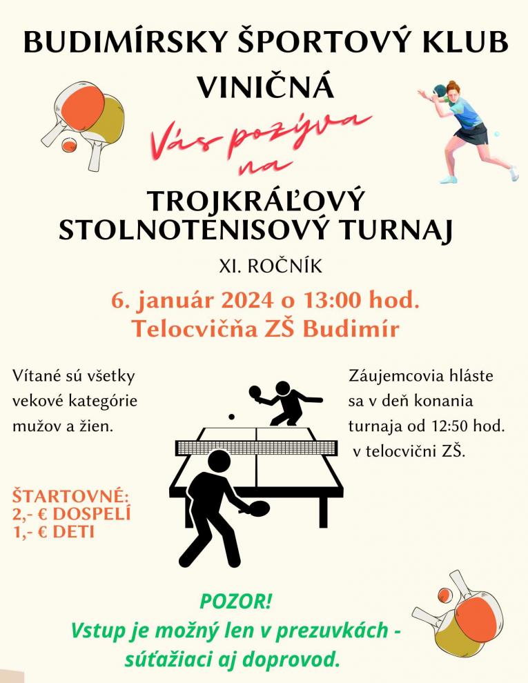 BŠK Viničná pozýva na&nbsp;XI. ročník Trojkráľového stolnotenisového turnaja, ktorý sa bude konať 6.&nbsp;januára 2024&nbsp;v TELOCVIČNI ZŠ BUDIMÍR!