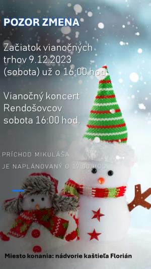 Vianočné trhy v sobotu 9.12.2023 začínajú už o 16:00 hod. vystúpením skupiny Rendošovci. O 17:00 hod je naplánovaný príchod Mikuláša.