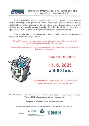 11.6.2025 od 9:00 hod. sa uskutoční zvoz nefunkčných elektrospotrebičov.