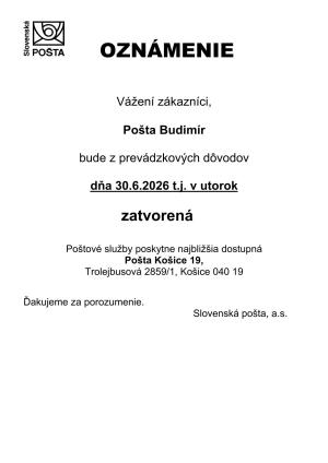 30.6.2026 bude pošta Budimír zatvorená z prevádzkových dôvodov.